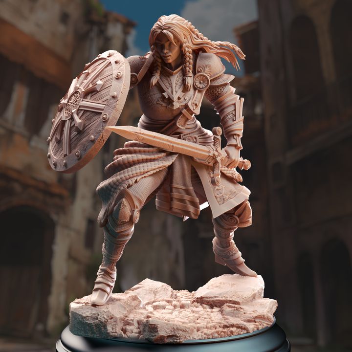 Jorjie of Hvirna, Human Veteran Fighter miniature, standing in a combat stance with a shield and sword. Perfect for use in tabletop RPGs like Dungeons & Dragons or Pathfinder.