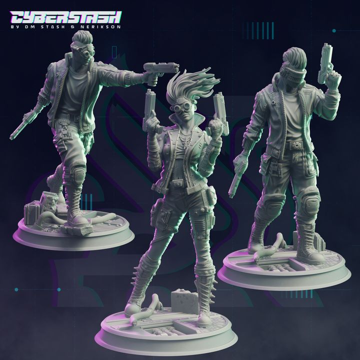 Group shot of the Cyberpunk Raver Gang - LED Heads, showcasing their dynamic poses, high-tech attire, and unique weapons.