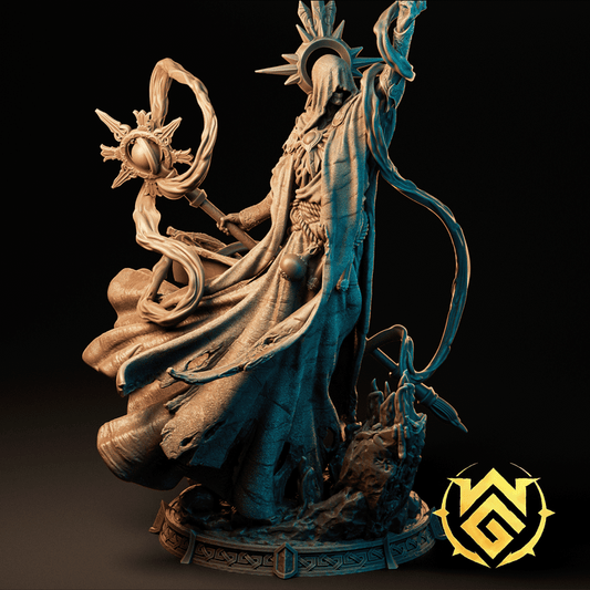 Full figure of Ket’thurac Kret necromancer lich, cloaked in tattered robes, wielding a twisted staff, standing amidst jagged terrain, suited for Warhammer or DnD campaigns.