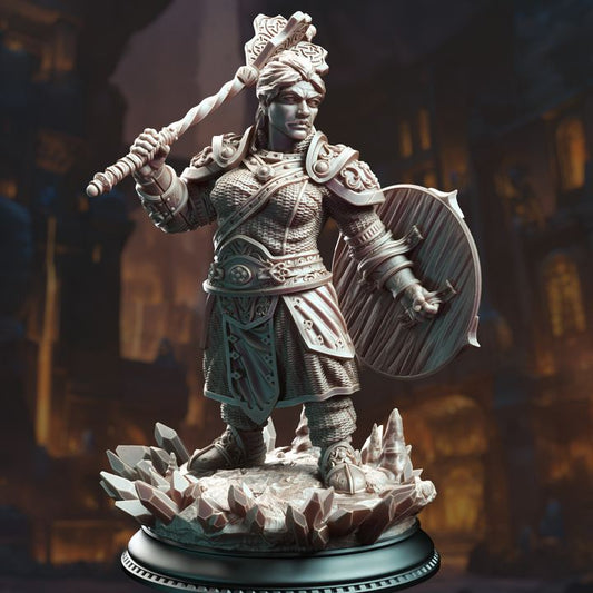 Dwarf war cleric Kilda Swordreign holding a spiked mace and shield, wearing heavy armor and standing on a rocky base with crystal formations.