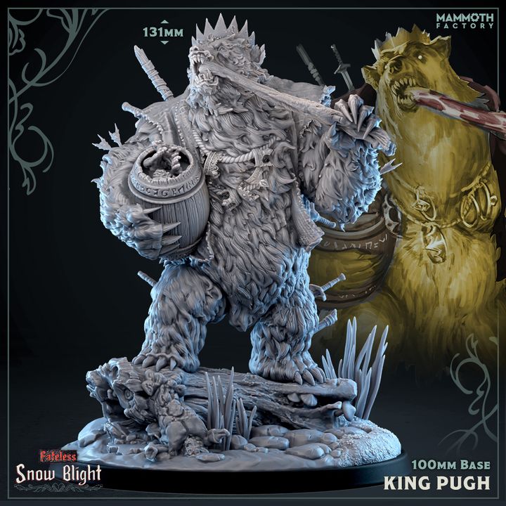 King Pugh miniature depicting a large, fur-covered creature wearing a crown, holding a log, and standing amidst swampy terrain with swords embedded in it's body. Perfect for fantasy TTRPG settings like Dungeons & Dragons or Pathfinder.