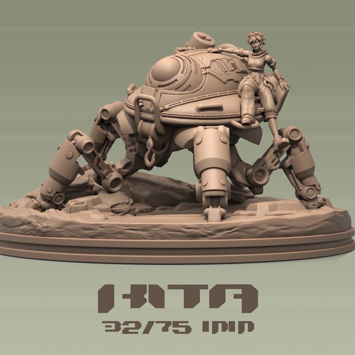 Kita miniature with spider-like mech, a detailed vehicle with mechanical legs, with Kita casually sitting on top.