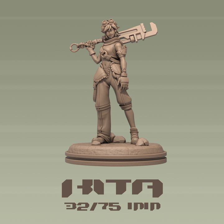 Kita alone miniature, standing confidently while holding a large wrench, with detailed clothing and accessories.