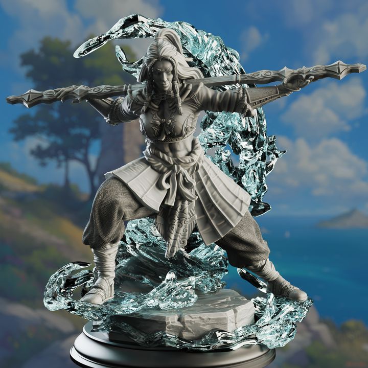 Kitarlia, a Water Genasi Elements Monk, poised in mid-action with swirling water energy around her, depicted in a highly detailed miniature for tabletop RPGs like Dungeons & Dragons and Pathfinder.