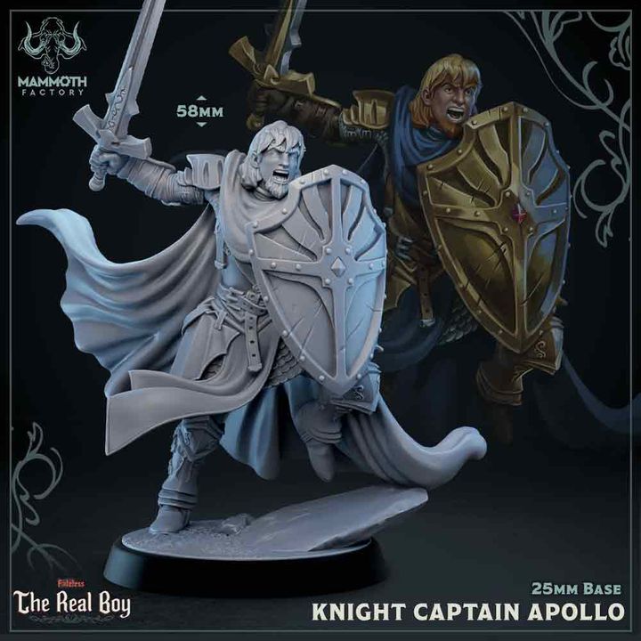 Knight Captain Apollo miniature, inspired by Disney's John Smith, holding a sword and shield in dynamic pose, wearing detailed armor and a flowing cape.