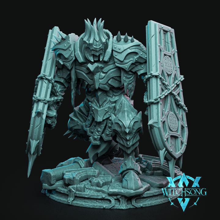 Full-body render of the Exanimate Dreadnaught with chained tower shields and jagged armor.