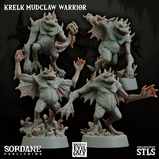 Group image of multiple Krelk Mudclaw Warriors in dynamic poses, each featuring spiny ridges, claws, and a menacing stance, ideal for aquatic-themed TTRPG settings.