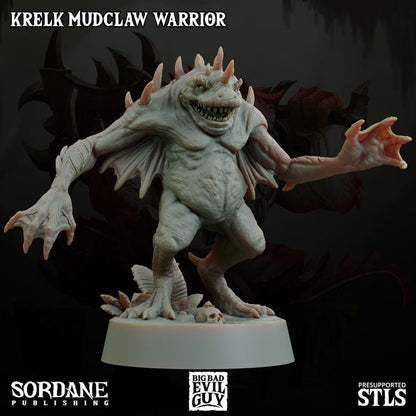 Krelk Mudclaw Warrior with an aggressive posture, claws raised for attack, emphasizing its monstrous amphibious traits and fin-like structures.