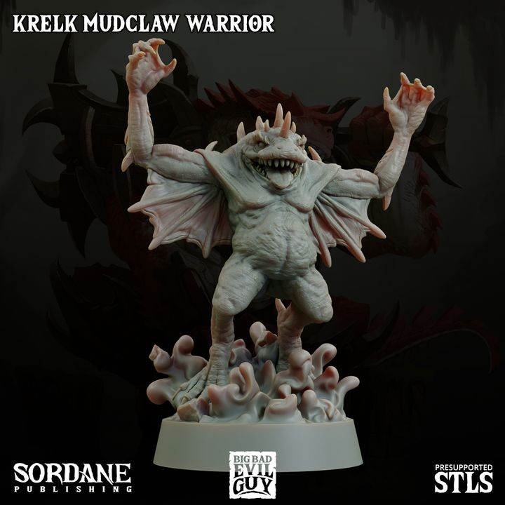 A leaping Krelk Mudclaw Warrior with outstretched arms, showing off its spiny details and dynamic aquatic-inspired design.