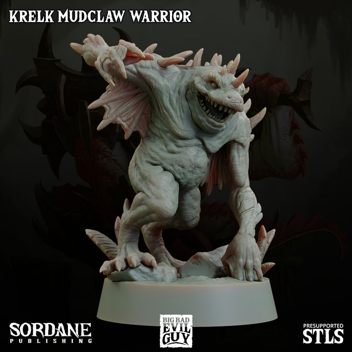 A crouching Krelk Mudclaw Warrior, ready to strike, highlighting its sharp claws, fin-like appendages, and muscular build.