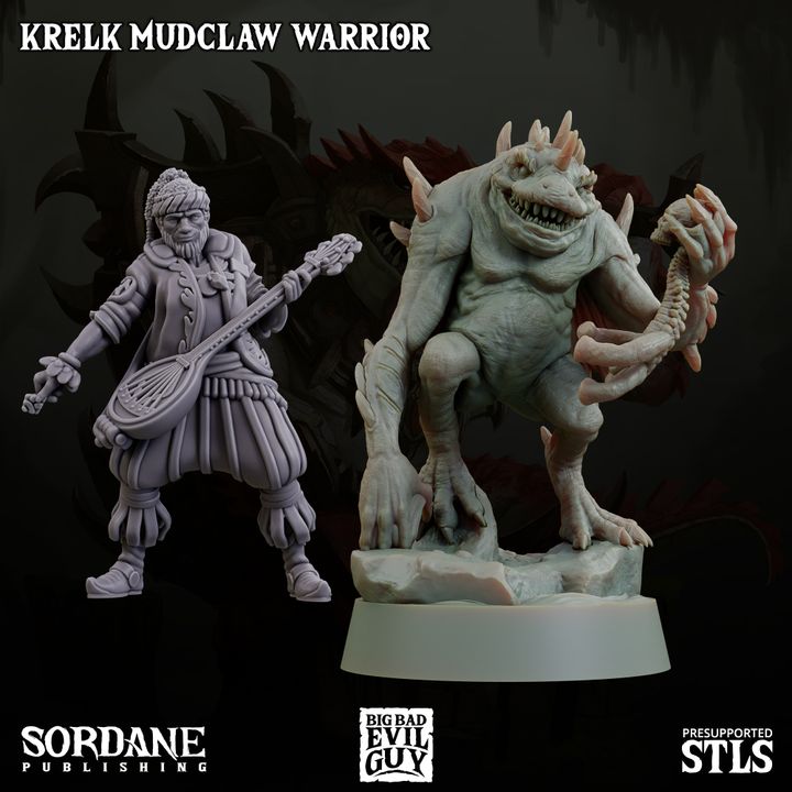 A scale comparison of the Krelk Mudclaw Warrior next to a human bard figurine, showcasing the creature's hulking amphibious form with sharp claws and spiny details.