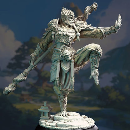 Monkey King - Kuzen mid-pose, radiating confidence with his ornate staff and finely detailed Eastern armor, standing on a base reminiscent of a peaceful Eastern shrine.