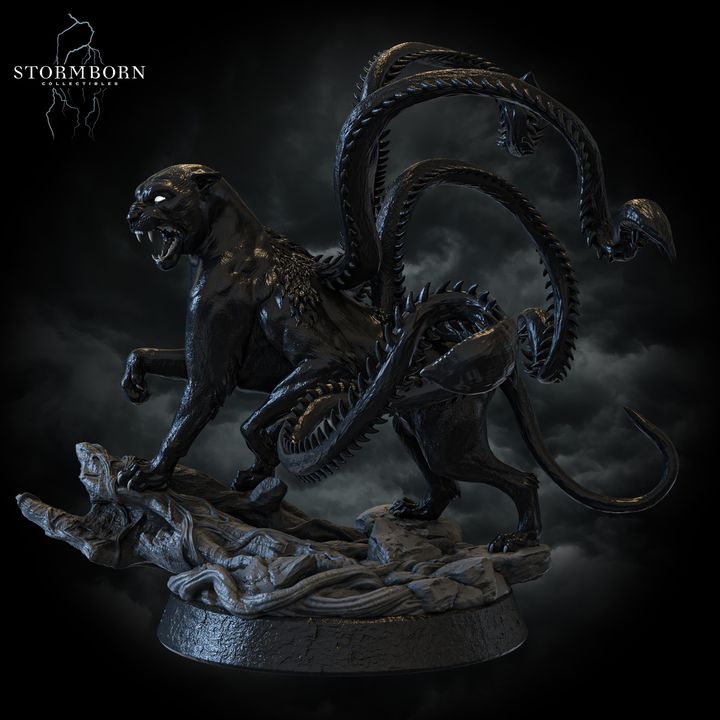 A side view of the Displacer Beast miniature showcasing its elongated tentacles and sleek feline form.