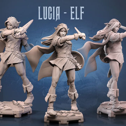 Multiple angles of Lucia, showcasing her flowing cape and battle-ready stance, prepared to guard her allies.