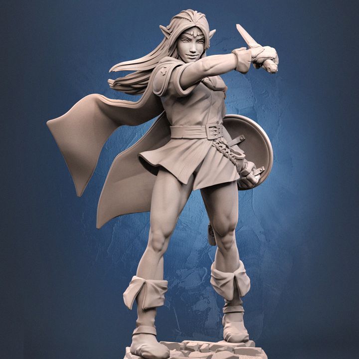 Front view of Lucia, the elf warrior, holding a sword forward with a shield in her left hand, exuding determination.