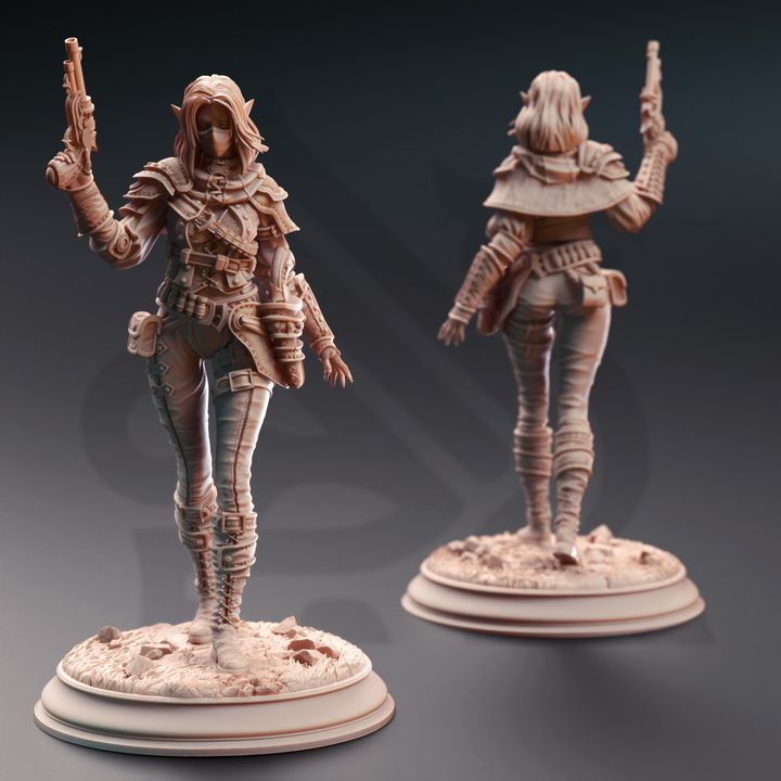 Lendara "Slickshot" Varth, Drow Gunslinger miniature, depicted in a full-body front and back view, holding a pistol and dressed in detailed armor. Great for adding a daring marksman character to your TTRPG adventures like Pathfinder or Dungeons & Dragons.