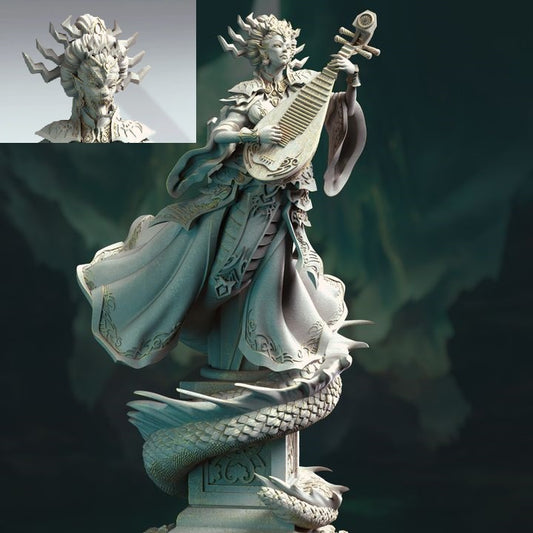  Full-figure view of Lian She, the Eastern Medusa Siren, playing a lute while standing on a pedestal entwined with a serpent, her elaborate attire flowing gracefully.