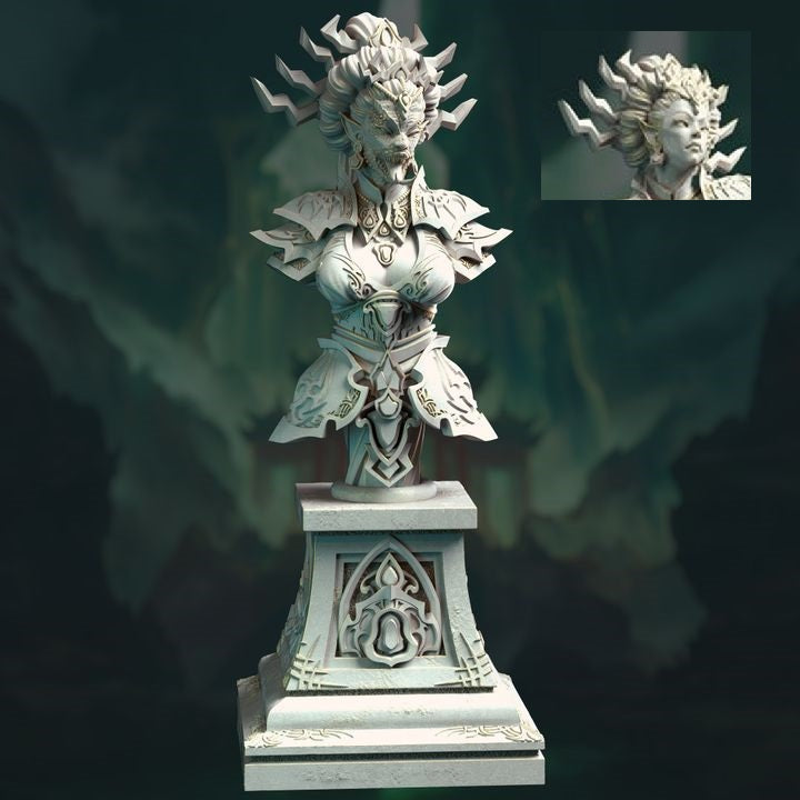 Bust view of Lian She, the Eastern Medusa Siren, featuring her intricate armor and detailed facial expressions, mounted on an ornate pedestal.