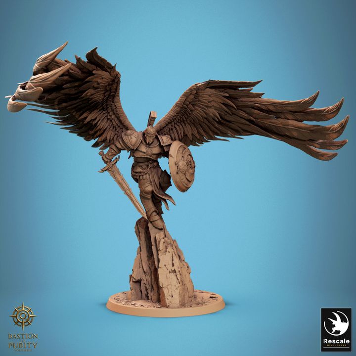 Front-angle of Lord Celestian Prime standing on a rock spire with full wingspan unfurled and sword arm extended, portraying a powerful angelic Solar.