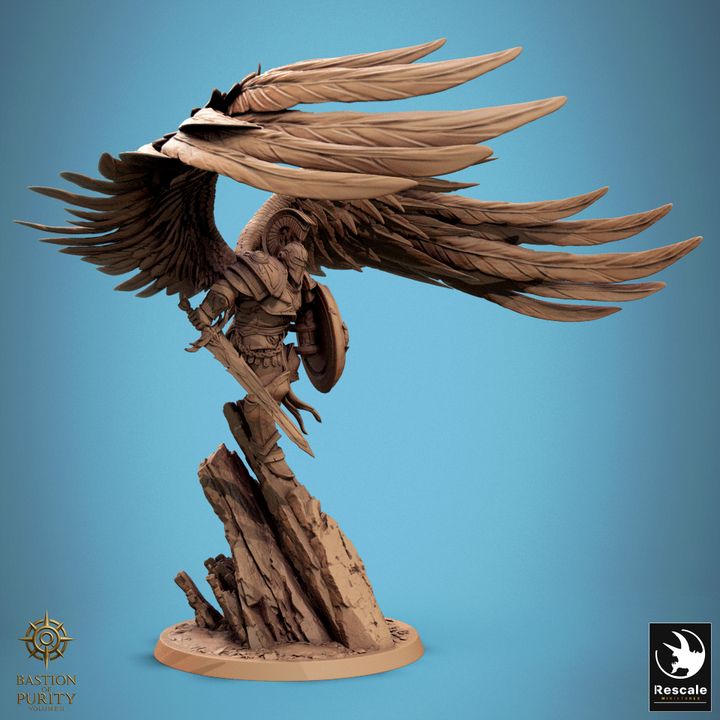 Lord Celestian Prime Solar miniature with massive feathered wings extended, wielding a sword and shield, descending from a rocky pillar in a divine pose.