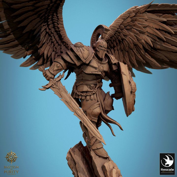 Close-up view of Lord Celestian Prime showing detailed celestial armor, helmeted face, raised shield, and downward sword with extended wings behind him.