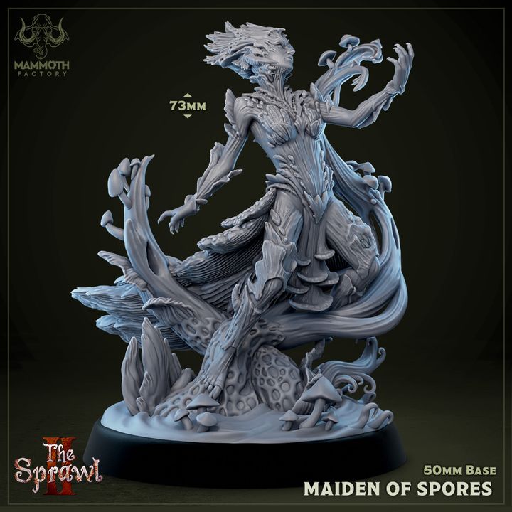 Maiden of Spores, full figure, featuring intricate fungal and plant elements growing around her, in a dynamic pose. Suitable for dark fantasy tabletop RPGs.