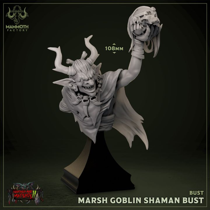 Bust of the Marsh Goblin Shaman holding a skull aloft, featuring detailed tribal attire, horns, and an intense expression, suitable as a display piece.