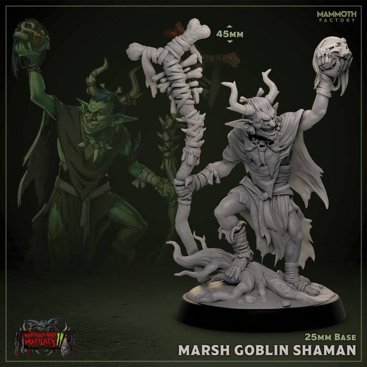  Full-body miniature of the Marsh Goblin Shaman holding a bone staff, standing on a swamp-like base, dressed in tribal attire, perfect for dark fantasy TTRPGs.