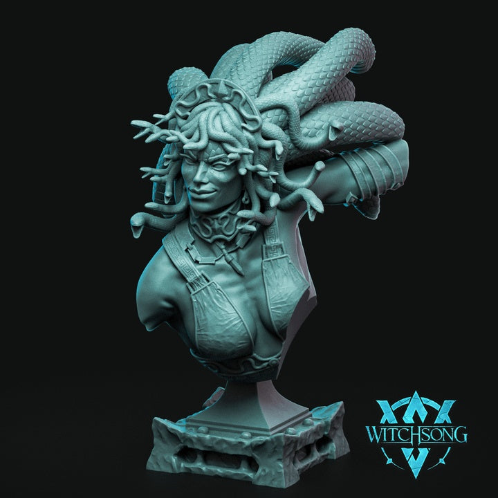 Medusa gorgon bust statue with serpentine hair, classical features, exposed shoulders, and mythological monster design for dark fantasy display
