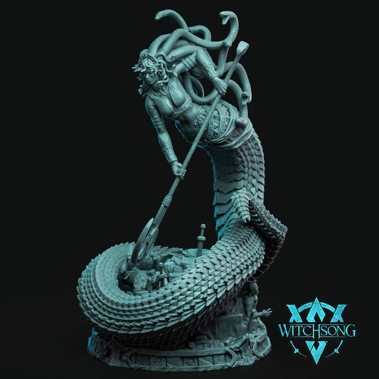 Medusa gorgon monster statue with coiled serpent body, snake hair, polearm weapon, and dynamic mythological combat pose for dark fantasy collections
