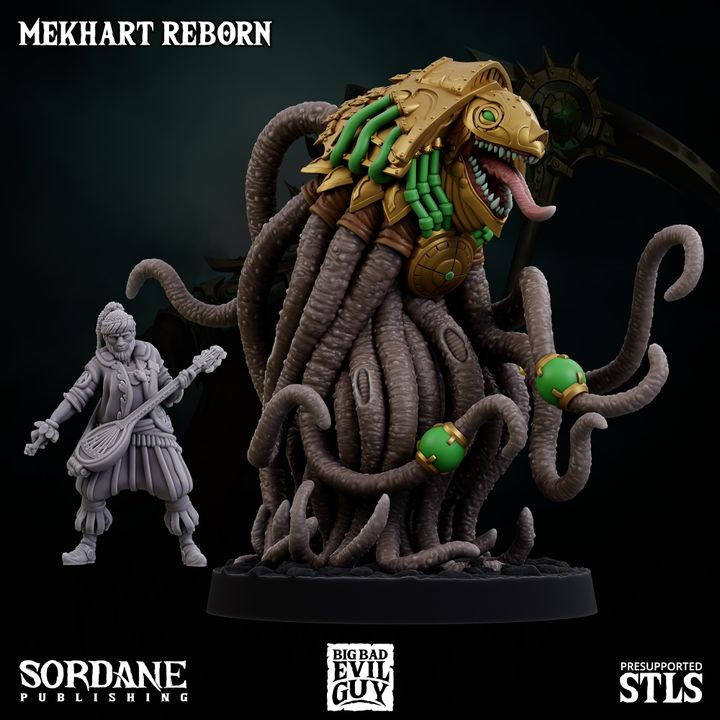 Mekhart Reborn model displayed with a scale reference to show size compared to a bard miniature.