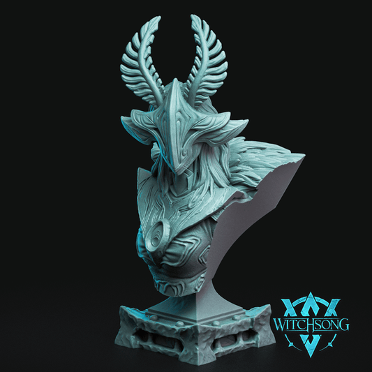 The Moth Queen bust from the WITCHSONG collection featuring intricate armor, horned crown, and detailed chestplate on a pedestal base.