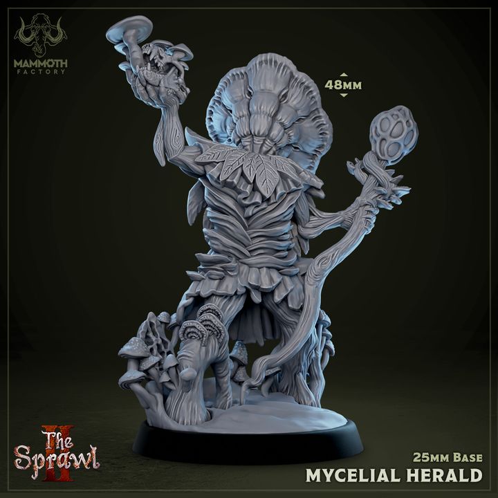 A Mycelial Herald miniature holding a staff and a fungal sprout, with a base featuring various mushrooms, suitable for dark fantasy-themed TTRPG scenarios.