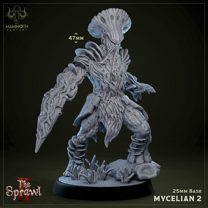 Mycelian 2 figurine standing at 47mm, with mushroom and bark armor, resembling a fungal guardian. Perfect for dark forest-themed TTRPG settings like Dungeons & Dragons.