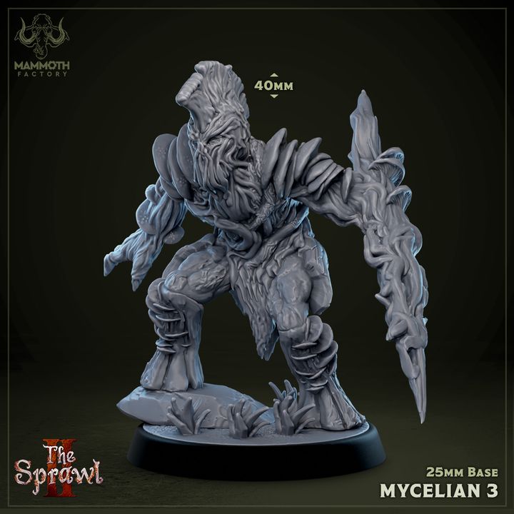 Mycelian 3 figurine at 40mm, depicted crouching with spore-covered claws and bark-like armor. Adds a natural horror element to TTRPG games like Pathfinder.