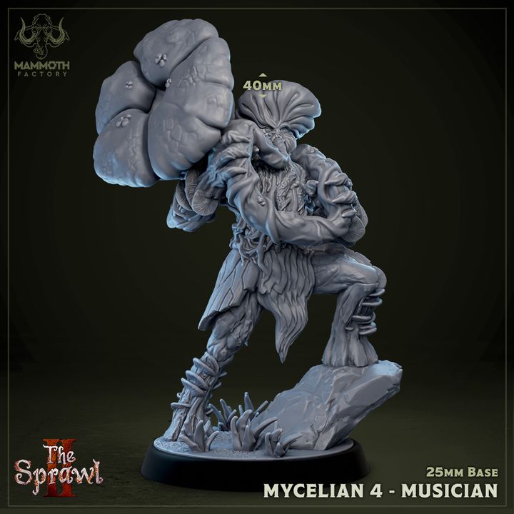 Mycelian 4 Musician figurine standing at 40mm, playing a large fungal tuba, draped in mushroom and root armor. Perfect for adding eerie ambiance to fantasy RPG adventures like D&D.