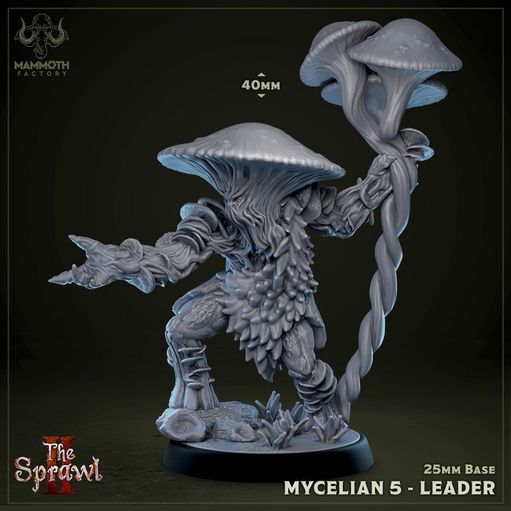 Mycelian 5 Leader figurine standing at 40mm, holding a mushroom-topped staff, clad in fungal growths. Ideal for leading Mycelian groups in TTRPG campaigns like Pathfinder.