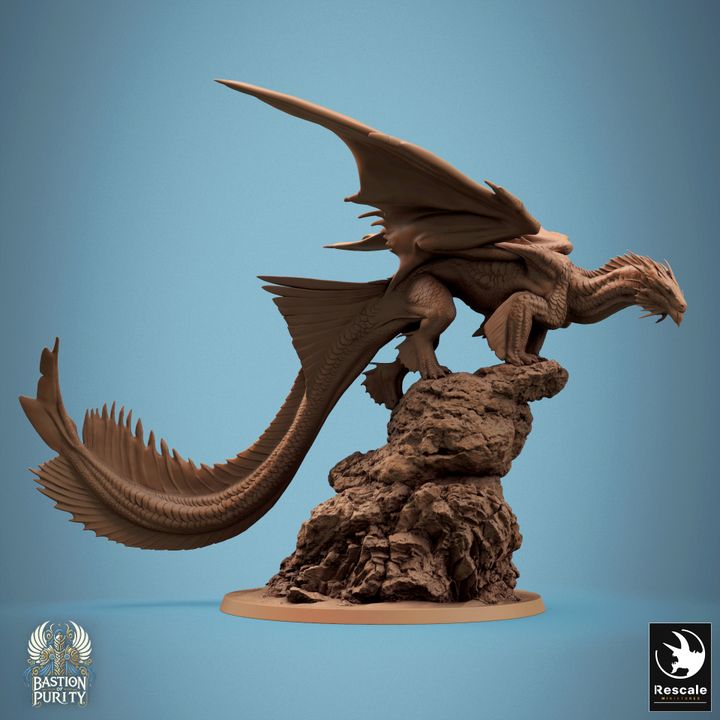 Side view of the Metallic Bronze Dragon poised on a rock, wings tucked, capturing the essence of a powerful draconic creature for tabletop games