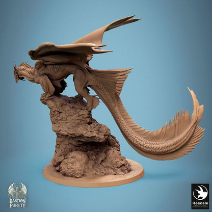 Back view of the Metallic Bronze Dragon crouching on a rock formation, tail coiled beneath, perfect for D&D and other fantasy RPGs