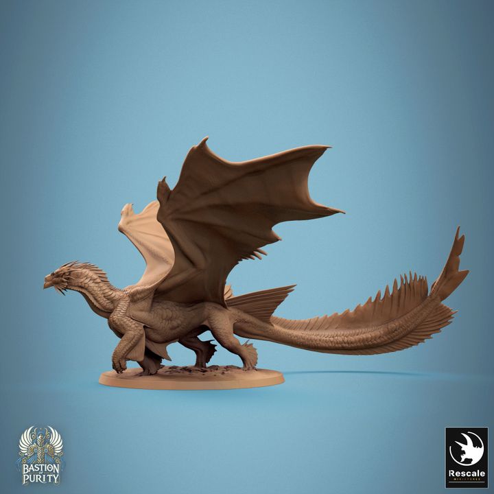 Side view of a Metallic Bronze Dragon with wings spread and body in mid-step, atop a flat base.