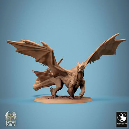 Front view of a Metallic Bronze Dragon, wings extended, head raised and body in a walking position.