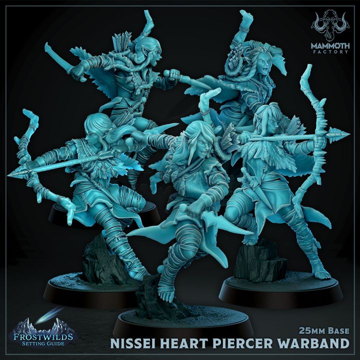 3D-printed Nissei Heart Piercer Warband miniatures, a group of elven archers in dynamic poses, perfect for TTRPGs like Dungeons and Dragons and Pathfinder.