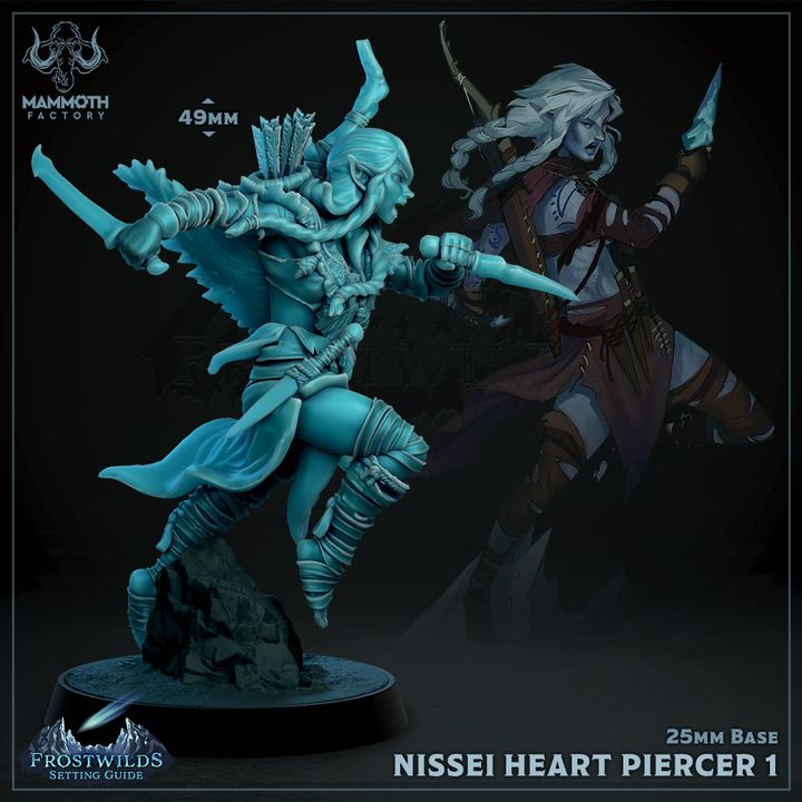 3D-printed Nissei Heart Piercer 1 miniature, an elven archer posed mid-draw with a bow, perfect for TTRPGs like Dungeons and Dragons and Pathfinder.