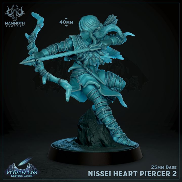 3D-printed Nissei Heart Piercer 2 miniature, an elven archer ready to release an arrow, designed for TTRPGs like Dungeons and Dragons and Pathfinder.