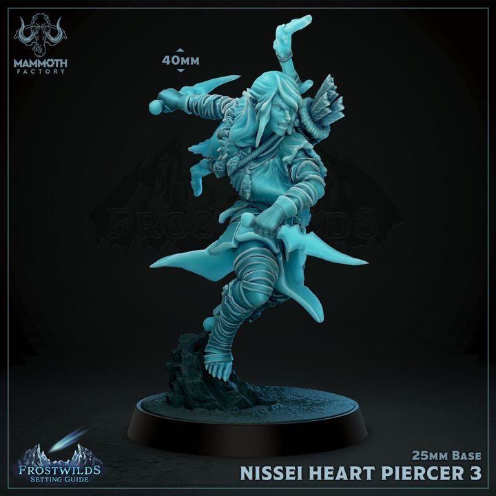 3D-printed Nissei Heart Piercer 3 miniature, an elven archer leaping while drawing a bow, suitable for TTRPGs like Dungeons and Dragons and Pathfinder.