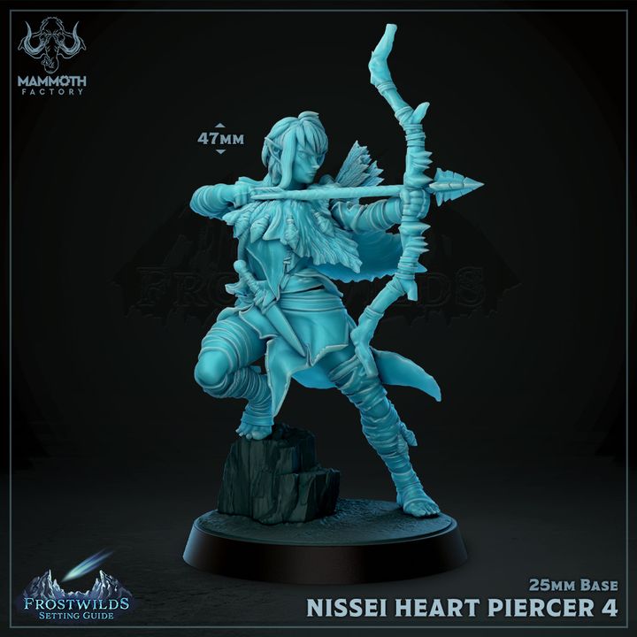 3D-printed Nissei Heart Piercer 4 miniature, an elven archer taking aim, ideal for TTRPGs like Dungeons and Dragons and Pathfinder.