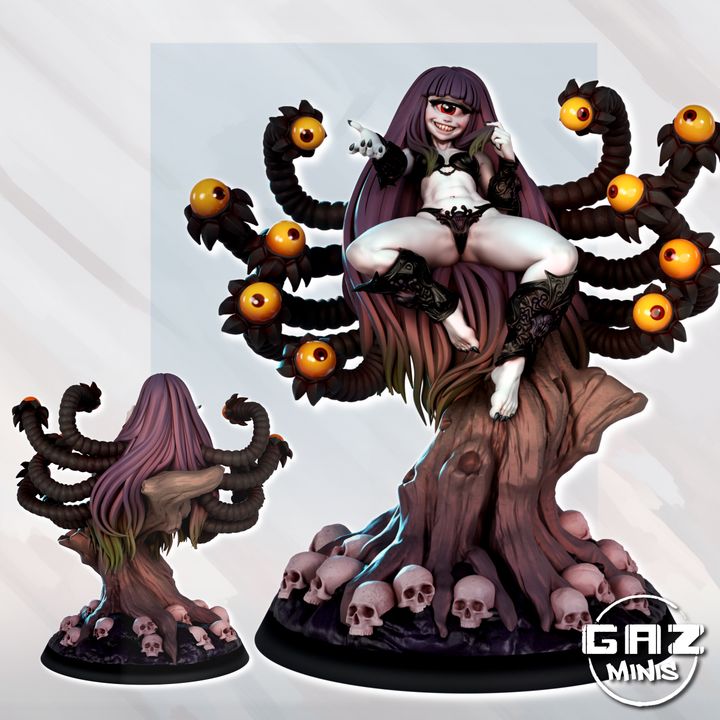 Oculana, the female beholder, painted with vibrant colors, featuring eyestalks and seated on a skull-covered base, ready for TTRPG scenarios.