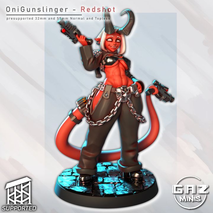 Painted render of Oni Gunslinger Redshot, posed with pistols raised and tail curled, standing on a cracked tile base.