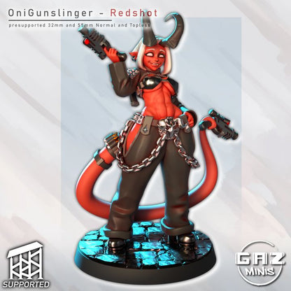 Painted render of Oni Gunslinger Redshot, posed with pistols raised and tail curled, standing on a cracked tile base.