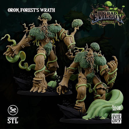 3D-printed Oron, Forest's Wrath miniature set, featuring a tree guardian entwined with vines, suitable for TTRPGs like Dungeons and Dragons and Pathfinder.